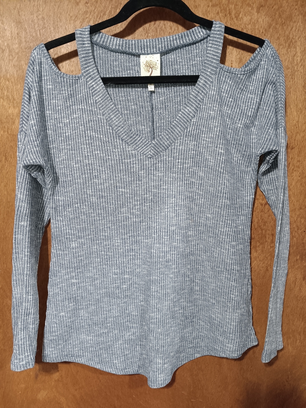 Self Esteem Blue Ribbed Cold-Shoulder V-Neck Long Sleeve Top